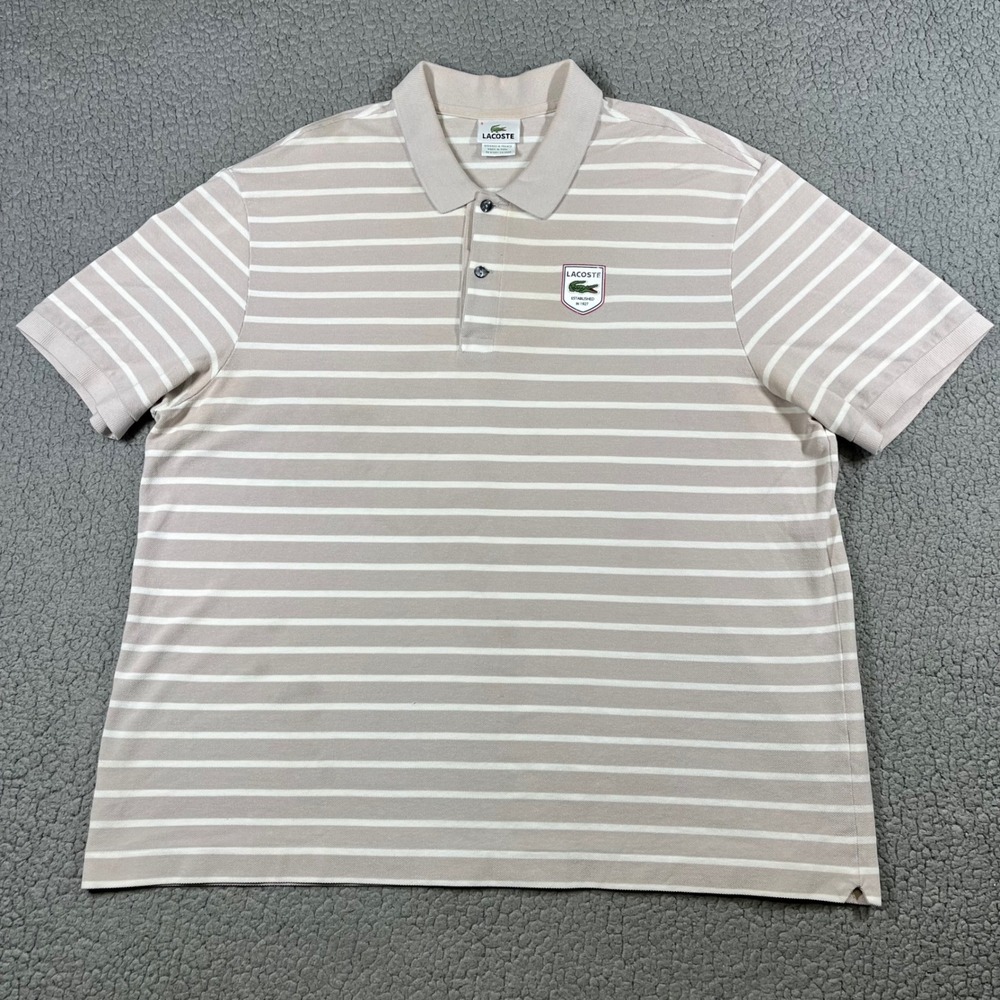Lacoste Polo Shirt Mens 9 (Fits XXL) Striped Tan White Classic Preppy Pique